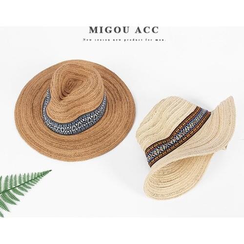 Panama Straw Hat Womens Sun Hat Summer Wide Brim Floppy Fedora Foldable Beach Cap UV Protection Cap