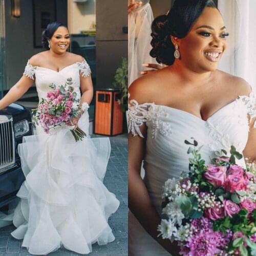 African Plus Size Wedding Dresses Elegant Off the Shoulder Beaded Lace Applique Ruffles Custom Made Wedding Bridal Gown Vestidos