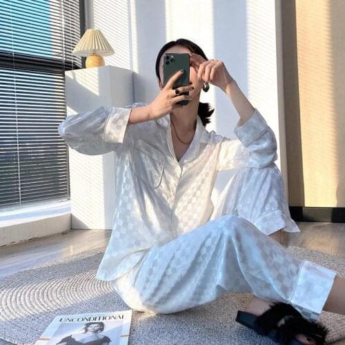 Spring Autumn Womens Pajamas Set Sleepwear Brown Color Long-sleeved Silk Like Nightie Luxury Home Clothes Nightwear Set