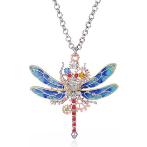 Pretty Swirl Blue Epoxy Dragonfly with Exquisite Crystals and DIY Gears Fashion Steampunk Pendant Women`s Necklace