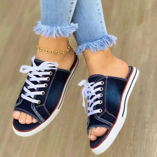 Women Canvas Flat Slipper 2020 Woman Lace Up Ladies Peep Toe New Womens Casual Female Fashion Denim Beach Shoes Plus Size 35-43