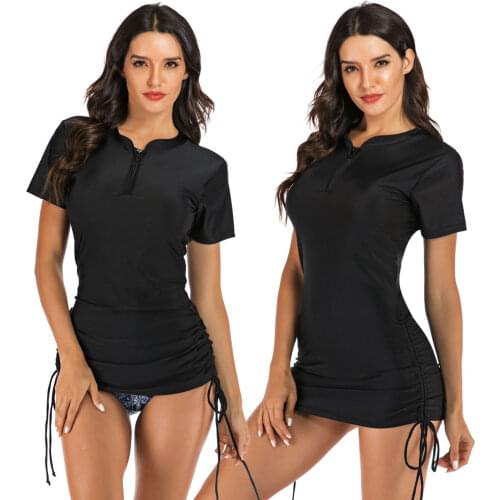 Womens Rash Guard Swim Adjustable Shirts with Briefs Short Sleeve Zip Swimsuit Sun Protection Bathing Suit Solid Black
