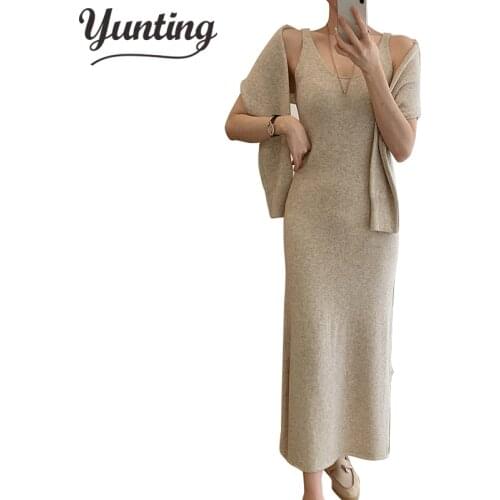 Luxury high quality Suspender Vest Dress + women Sweaters 2pcs Suits 2021 winter Office Ladies Elegant Knitting Clothing Sets