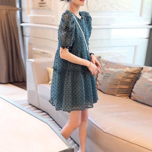 2021 Summer Dress Fashion Korean Chic French Bubble Sleeve Dress Floral A-line Blue Dresses O-Neck White Dresses Robes New 15429