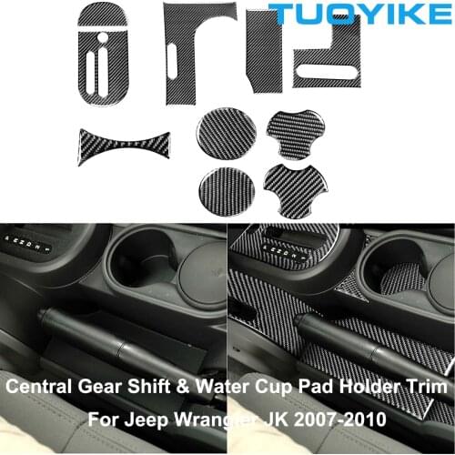LHD Car Real Carbon Fiber Console Central Gear Shift Water Cup Pad Holder Trim Sticker Cover For JEEP Wrangler JK 2007-2010