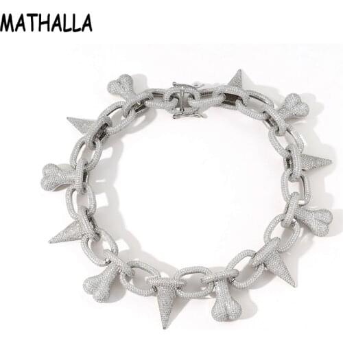 MATHALLA Statement Rock Spike & Bone Iced Out Cubic Zircon Chain Rivet Link Choker Bling CZ Mens Hip Hop Chain Necklace Jewelry