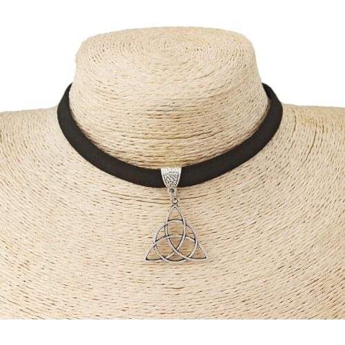 Black Faux Suede Cord Keltic Knot Trinity Charm 13" Choker Necklace Adjustable