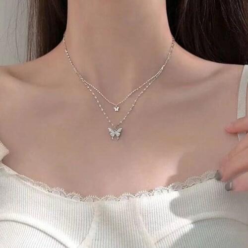 Double-layer Butterfly Necklace 2021 Trendy Charm Women Silver Color Shiny CZ Crystal Pendant Necklace Clavicle Chain Jewelry
