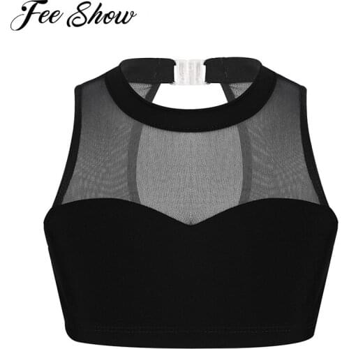IEFiEL Girls Stretch Dance Crop Top Mesh Splice Sweetheart Chest Tanks Bra Tops Crop Tops Ballet Dancewear for Stage Performance