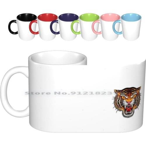 Womens Tiger Face Traditional Tattoo Art Illustration V-Neck Ceramic Mugs Coffee Cups Milk Tea Mug Womens Tiger Face