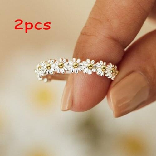2PCS Vintage Daisy Rings for Women Cute Flower Ring Adjustable Open Cuff Wedding Engagement Rings Female Jewelry Bague