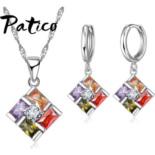 Fashion Square Colorful Crystal Clear CZ 925 Sterling Silver Set Necklace Earrings for Women Bridal Jewelry Sets