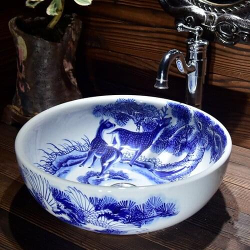 Round Bthroom Counter Top Wash Basin Cloakroom Hand Painted Vessel Sink bathroom sinks blue and white ceramic wash basin