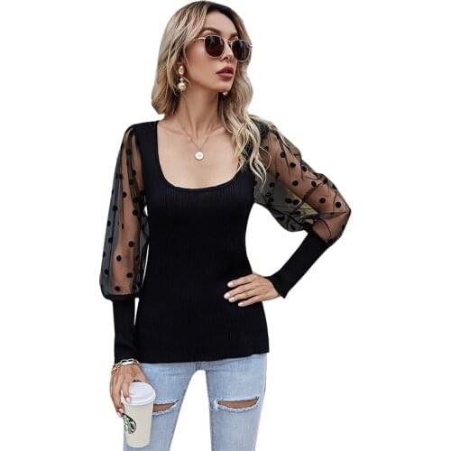 Summer Polka Dot Tulle Long Sleeve Solid Shirt Women Casual Pullover Peter Pan Collar Top And Blouses Elegant Slim Office Blouse