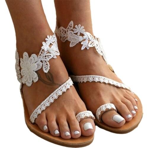 Summer Womens Sandals 2021 Female Slip-on Flat Shoes Sexy White Lace Sandals Sandalias Weet Flowers Boho Beach Sandals