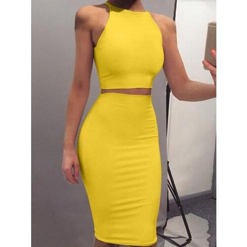 Summer New Casual Commuter Womens Yellow Starter Vest Corset and Knee Half Skirt Two Sets