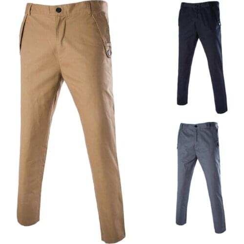 Fashion Men Casual Solid Color Pockets Cotton Long Straight Pants Slim Button Trousers
