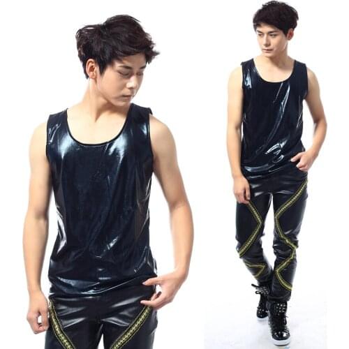 2016 Mens Fashion personality Leather vest male slim o-neck solid color tight elastic leather male vest costume singer costumes
