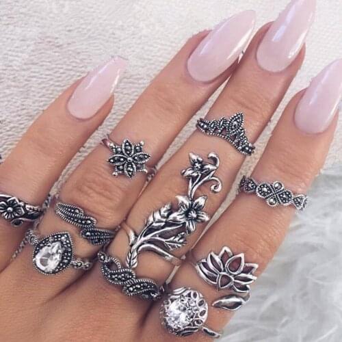 10 Pcs/ Set Punk Water Drop Flower Lotus Crown Wave Crystal Gem Knuckle Ring Set Women Personality Boho Jewelry Gift