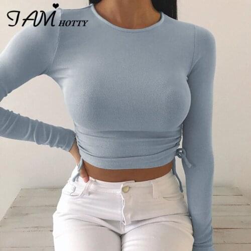 IAMHOTTY Autumn Solid Basic Cotton Croped T shirt 2020 Brand Ribbed Long Sleeve Ruched Knitting Korean Style Streetwear Club Top