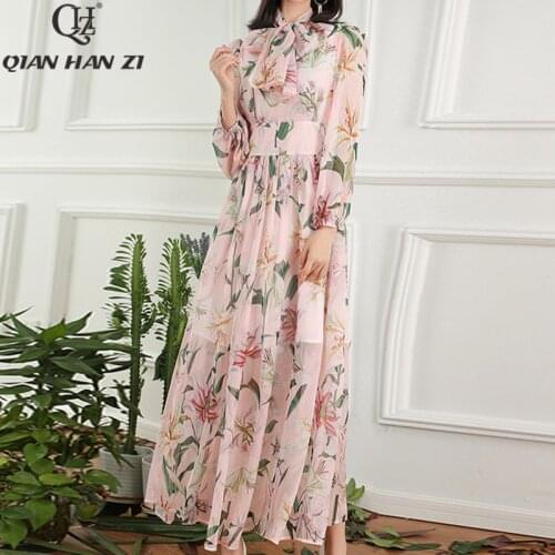 Qian Han Zi 2020 brand designer fashion Runway Maxi dress Womens Bow Collar Elegant Lily Print Pink Long Casual Beach Dress