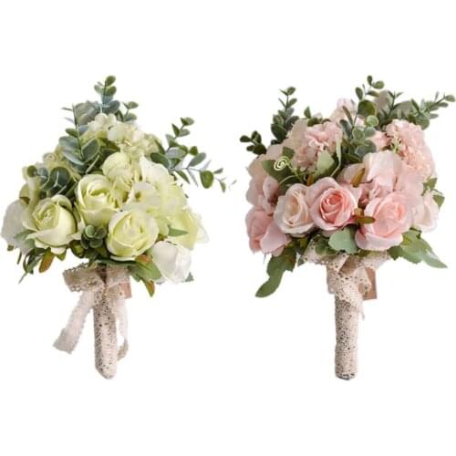 Wedding Bridal Bouquet Handmade Artificial Rose Eucalyptus Leaves Bridesmaid Holding Flowers for Party Home Table Decor