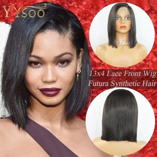 YYsoo 13X4 Side Part Black Synthetic Lace Front Wig Glueless Short Straight Bob Wig Futura Heat Resistant Replacement Women Wig