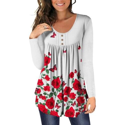 Women Autumn 5XL Large Size Womens T-shirt Round Neck Long Sleeve Button Decor Casual Floral Butterfly Print Plus Size T Shirt