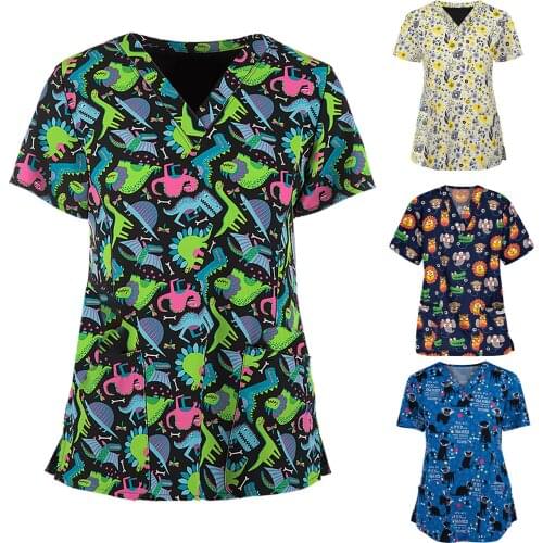 Uniforme Clinico 2021 Summer V-neck Working Uniform for Women Sexy Casual Printed Short Sleeve Plus Size медицинский халат