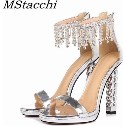 MStacchi New Style Womens Shoes Cow Leather Round Toe Crystal Solid Color Zipper Strange Heel Shoes Outdoor Party Women Sandals