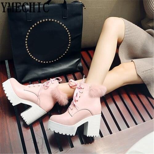 YMECHIC Block High Heel Boots Female Pink White Black Fur Tassel Punk Gothic Ankle Combat Boots Women Lace Up Booties Big Size