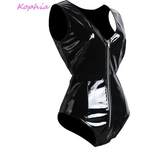 Women Sexy Shinny Faux Leather Bodysuit Black Gothic Zipper V Neck Wetlook Catsuit Erotic Clubwear Fetish Jumpsuit Plus Size 3XL