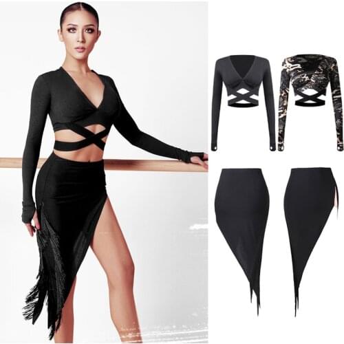 2021 New Latin Dance Costumes Women Strap Tops Irregular Fringe Skirts Long Sleeves Practice Clothing Cha Cha Dancewear DNV15239