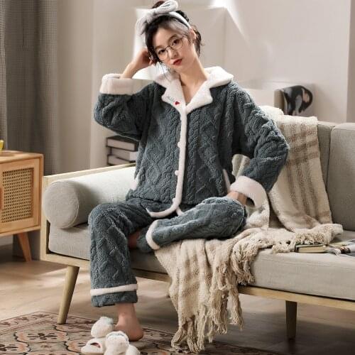 Winter Pajamas Set Women Sleepwear Soft Girls Warm Flannel Long Sleeve Pyjamas Long Pants Pajamas Cute Homewear Velvet Home Suit