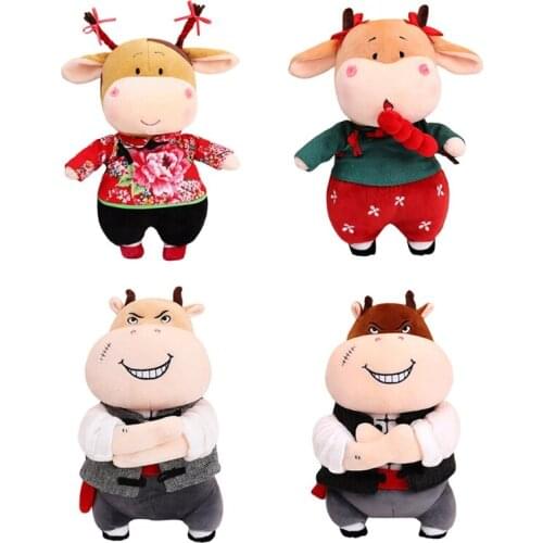 2021 New Year Chinese Zodiac Ox Year Mascot Cattle Plush Toys Cotton Stuffed Red Cow Doll for Children Kids Birthday 24BE