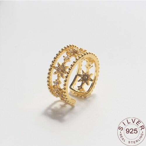 925 Sterling Silver New Simple Design Zircon Star Gold Color Rings Interware Opening Handmade Ring Fashion Fine Jewelry