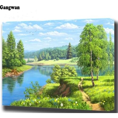 Diamond painting cross stitch forest spring landscape diamond embroidery natural lake tree bead 3d picture of rhinestones Mosaic