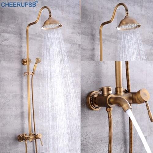Antique Brush Bathroom Shower Set Wall Mounted Rainfall Bath Faucet Luxury Retro Brass Shower System Round Silicone Disc Sprayer