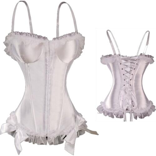 White Sexy Women Ruffled Corset Bustier Halloween Costume Lace Up Lingerie Overbust Top Body Shaper Waist trainer Strap