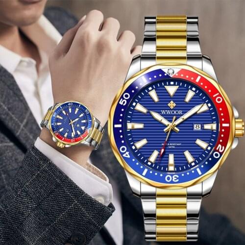 WWOOR Brand New Design Mens Quartz Watches Luxury Stainless Steel Waterproof Luminous Date Wrist Watch Male Relogio Masculino