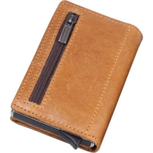 Anti Rfid id Card Holder Case Men Genuine Leather Metal Wallet Male Coin Purse Women Mini Carbon Credit Card Holder With Zipper