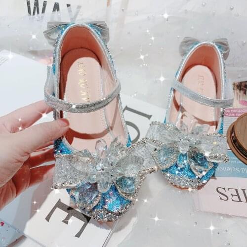 Disney childrens bowknot crystal sequins girl princess non-slip soft sole party show dance shoes high heel sandals