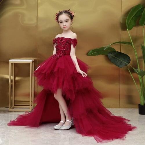 Flower Girl Dresses Embroidery Off The Shoulder Princess Boat Neck Ball Gown Luxury Burgundy Appliques Lace Kid Party Skirt H061