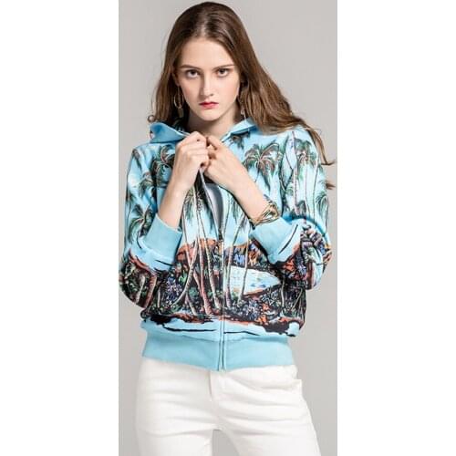 Designer Fashion Women Autumn Winter Tropical Hawaiian Coconut Tree Print Luxury Drawstring Hooded Jacket
