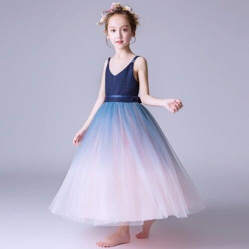 Elegant Sleeveless V-neck Girls Princess Dress Mesh Patchwork Flower Girl Dress Stage Performance Children Host Costumes 4-15T