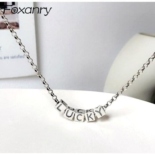 Foxanry 925 Sterling Silver Necklace New Trendy Elegant Vintage Simple LUCKY Pendant Girl Party Jewelry Birthday Gifts Wholesale