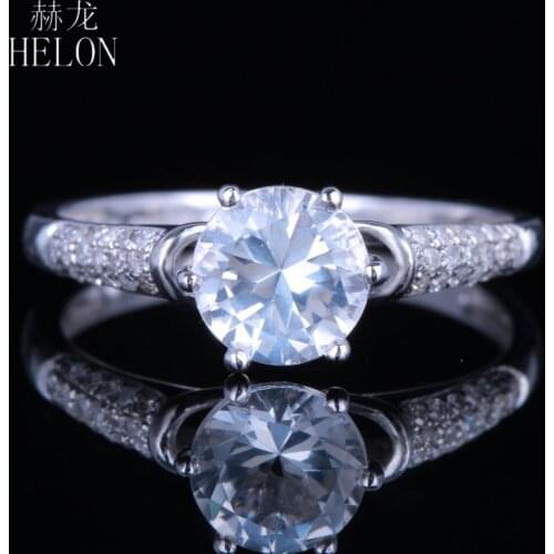 HELON Round 6.5mm Genuine White Topaz Ring Sterling Silver 925 Pave Natural Diamonds Engagement Wdding Ring Women Fine Jewelry