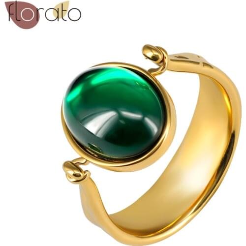 Inlaid With Green Gemstone Ring Brass Plating 18K Real Gold Hand Ornament For Women Fashion Shell Ring Engagement Wedding Gift