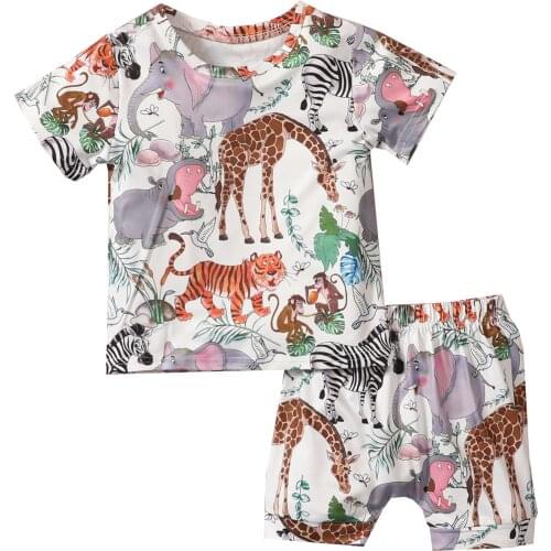 2 Pieces Kids Suit Set Cartoon Animal Print O-Neck Short Sleeve Pullover+ Short Pants for Girls Boys