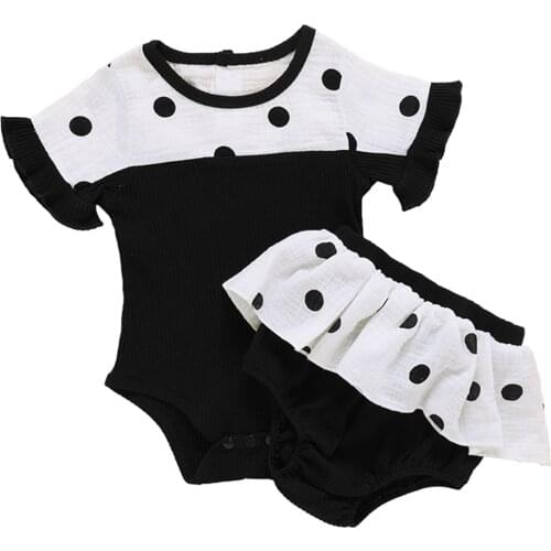 Baby Girls Summer Two-piece Clothes Set Black Short Sleeve Round Collar Polka dot Romper and Ruffle Shorts